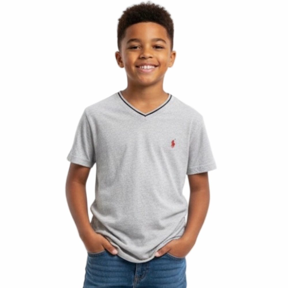 𝅺POLO Ralph Lauren Youth Boy’s 10/12 V-Neck Grey Short Sleeved T-Shirt